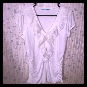 White ruffle front top